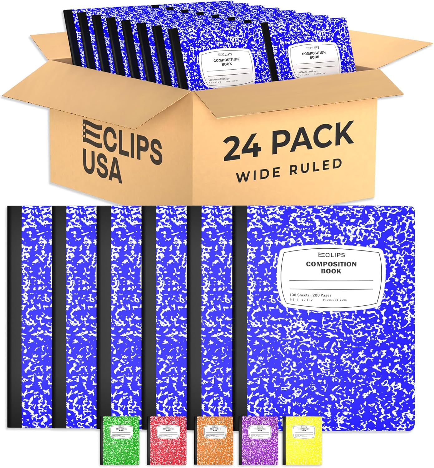 E-CLIPS USA Composition Notebooks, (24 Pack), Wide Ruled Composition Notebook, Marble Composition Notebook, 100 sheets, 200 Pages (24, Blue)