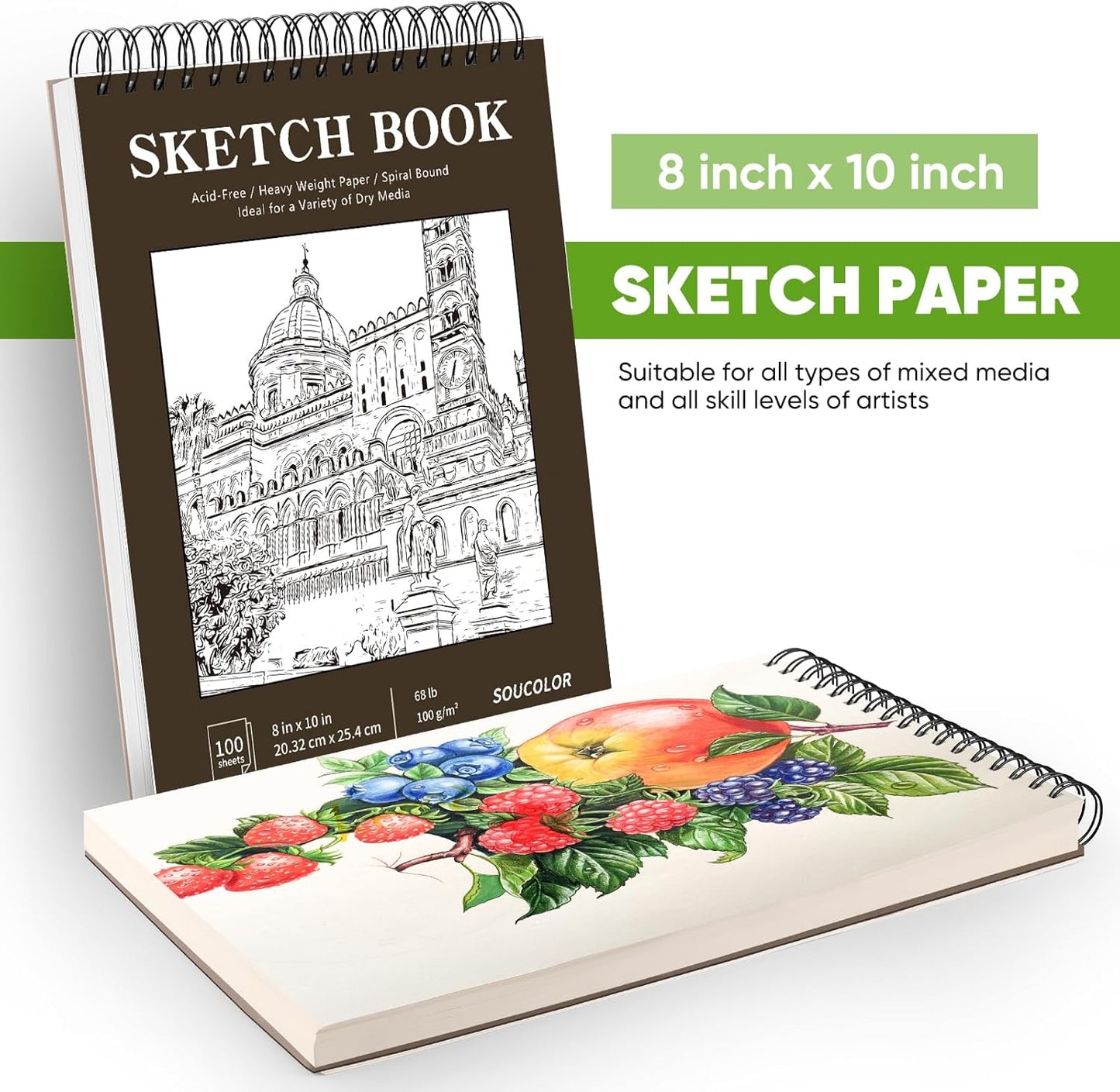 Soucolor 8" x 10" Blank Spiral Notebook| 100 Sheets 68lb/100gsm| Classroom Must Haves Supplies, Back to School Supplies for Teachers & Students| Small Sketchbook Drawing Paper for Kids and Adults