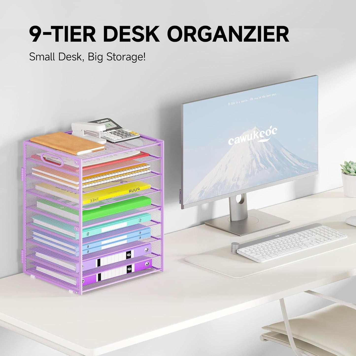 9 Tier Paper Organizer with Handle, Large Capacity Desk Organizer Mesh Paper Letter Tray File Folder Document Sorter for Classroom and Office Accessories Organization- Purple (2 Pack)