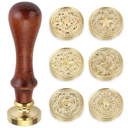 OwnMy 6 PCS Wax Seal Stamp Set with Magic Symbols Wax Stamp Heads and Wooden Handle, Vintage Retro Classical Wax Sealing Stamp Crafts Wax Seal Stamp Kit with Gift Box for Invitation Envelopes Letters