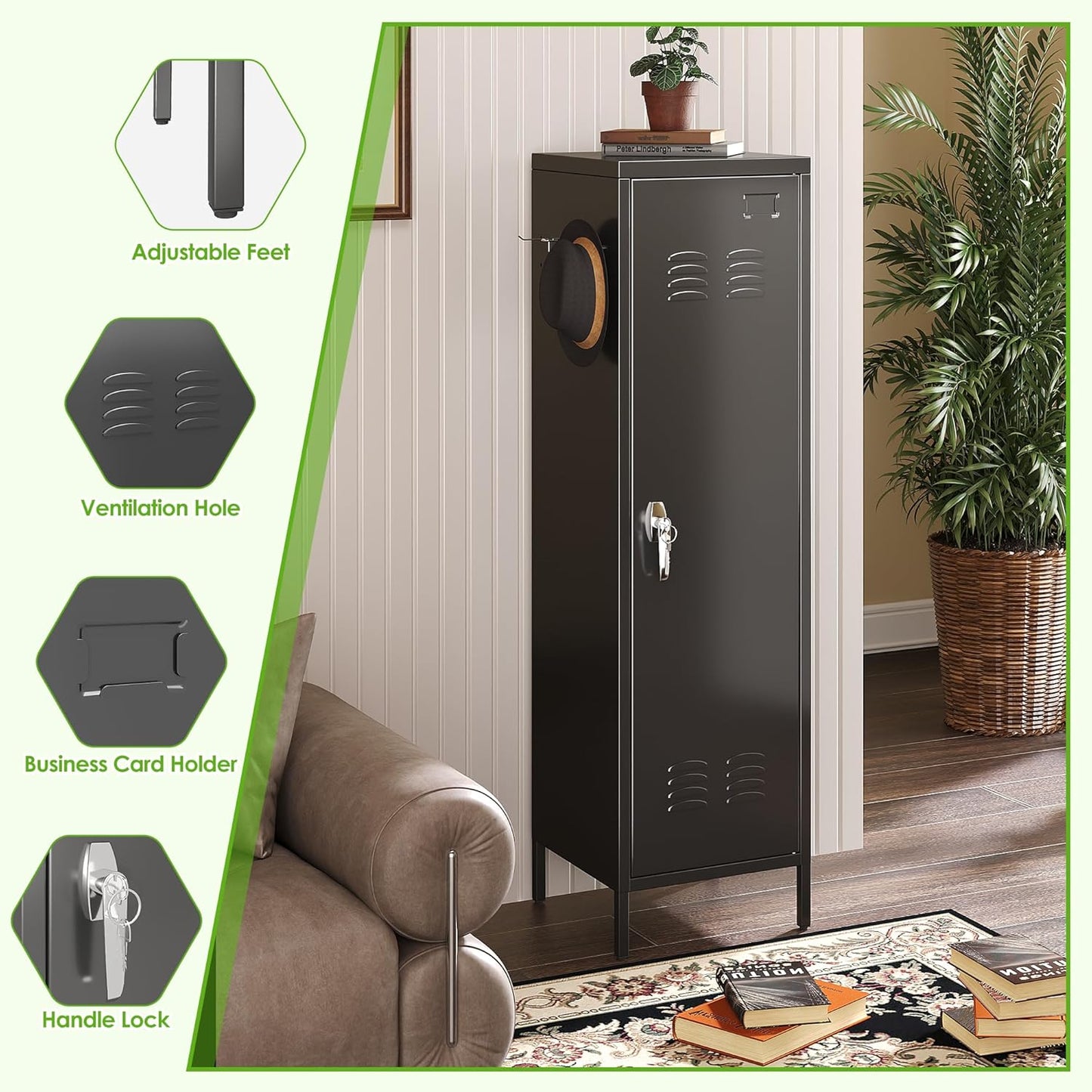 1 Door Metal Storage Locker with Handle and Hanging Rod,Metal Locker for Employees with Pegboard and Hooks for Gym, School, Office,Home,Garage,Grey,Assembly Required,Black
