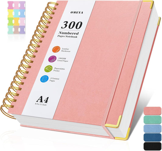 Spiral Notebook 8.5" x 11", 300 Numbered Pages Notebooks College Ruled with Contens, 100GSM Thick Journal for Women Men, Hardcover Leather Lined Journal for Writing, Large A4 Notebooks for Work School