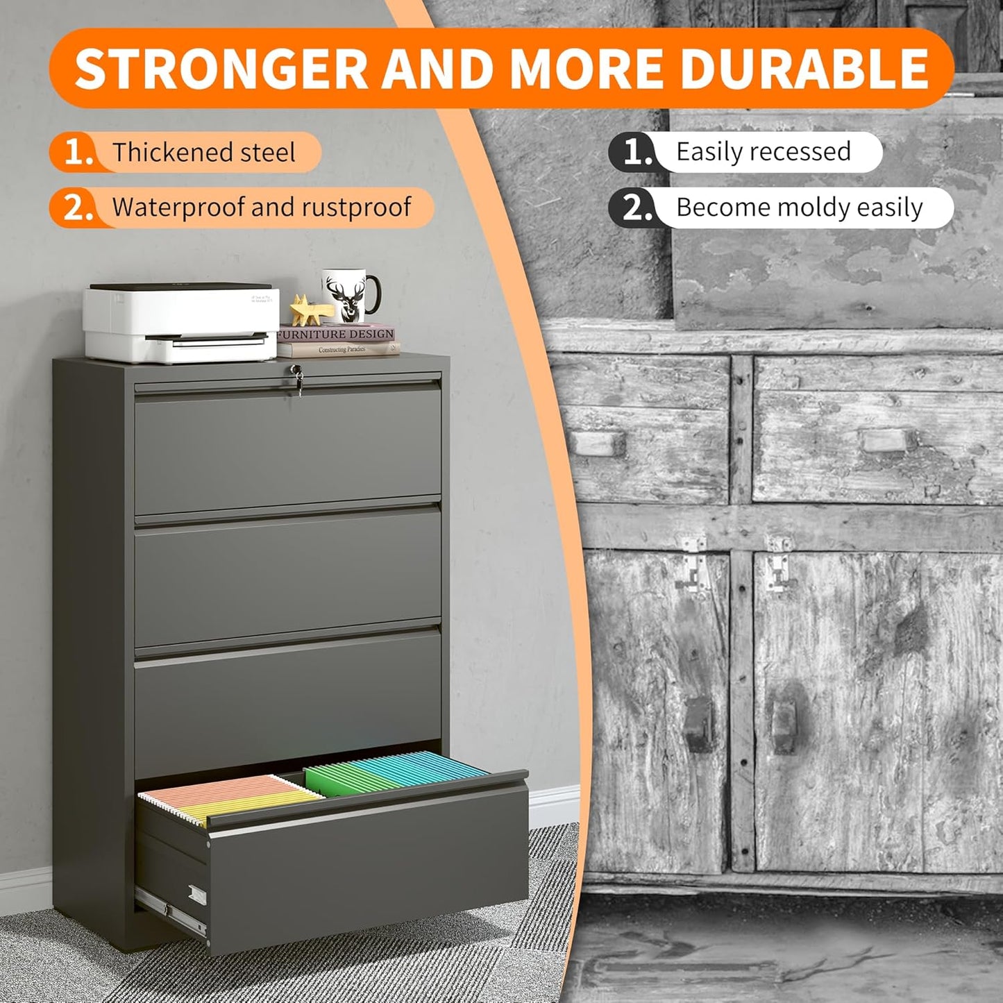 4 Drawer Lateral File Cabinet with Lock Heavy Duty Large Metal Filing Cabinet Home Office Cabinets Wide Steel Cabinets for Legal/Letter Size,Assembly Required