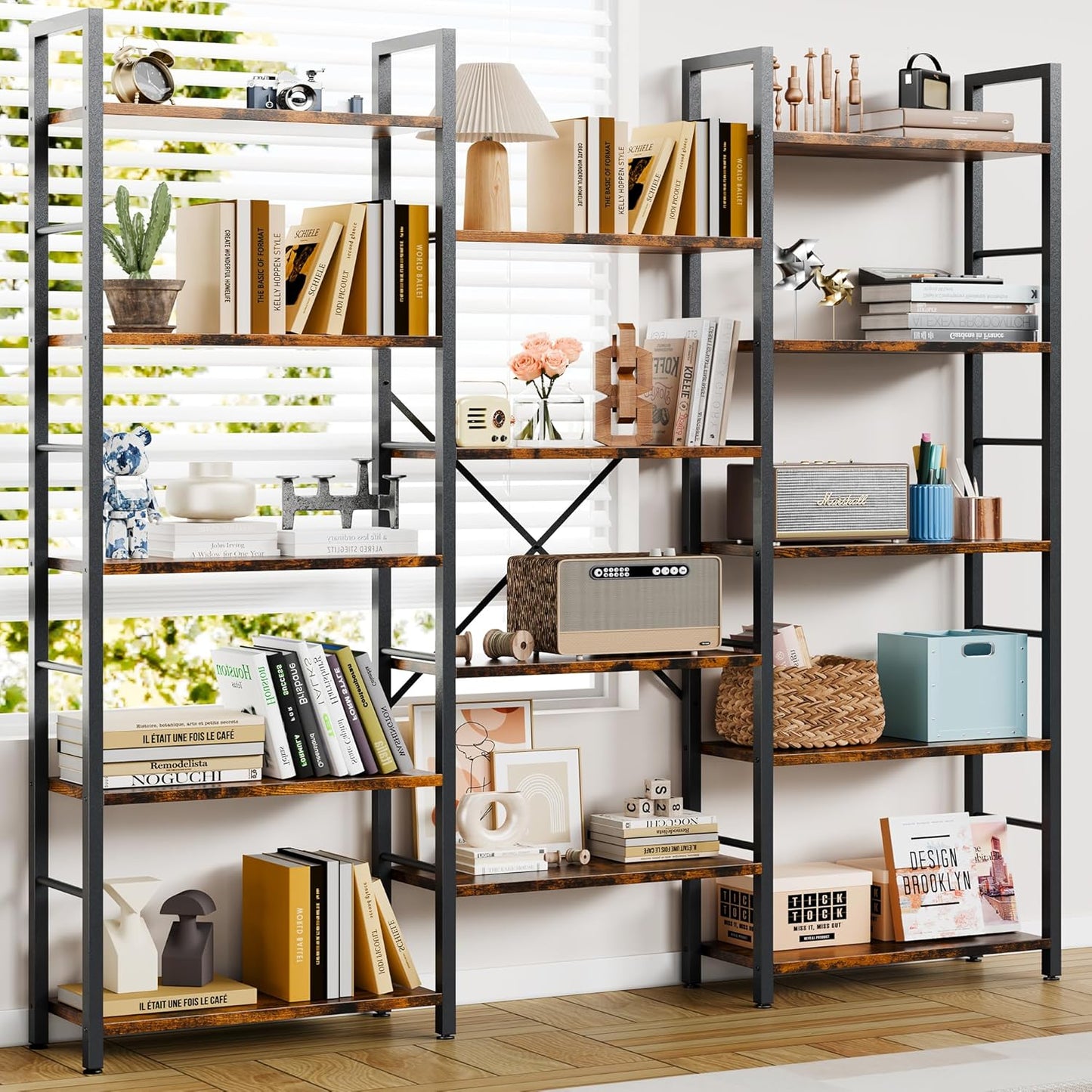 Shintenchi Triple Column 5 Tier Bookshelf, Industrial Large Bookcase with 14 Open Display Shelves, Large Etagere Bookshelf,Wide Book Shelf Book Case for Home & Office, Rustic Brown
