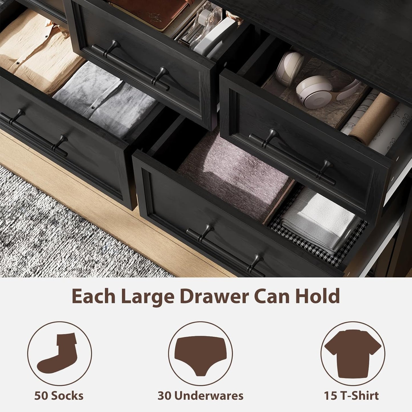 Black Farmhouse Dresser for Bedroom, 10 Chest of Drawers, 59" Wide Chest of Drawers with Brushed Metal Handle, Wood Closet Organizers and Storage Cabinet for Bedroom, Living Room, Hallway