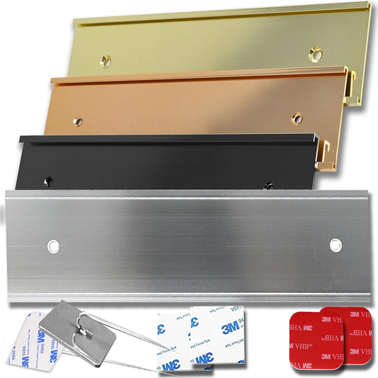2x12 Executive Name Plate Holder, Silver Aluminum Adhesive Door Mount for Wall Plaques, Mailbox Signs and Cubicles | Made in USA