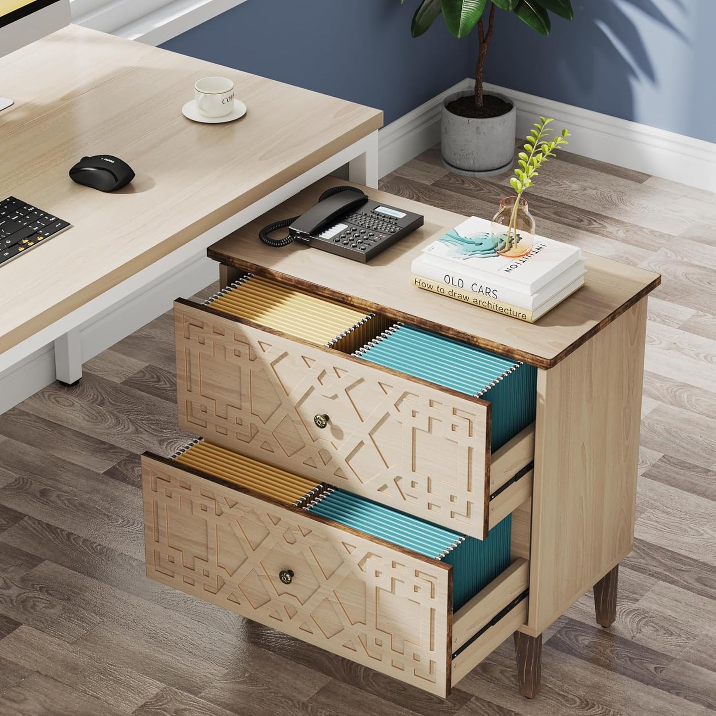 LITTLE TREE 2-Drawer File Cabinet, Wood Lateral Filing Cabinet for Home Office, Beige