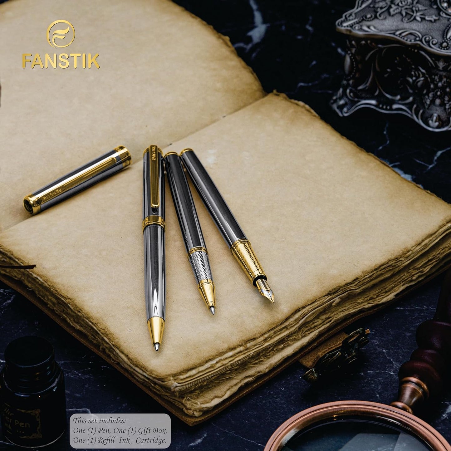 Customized Silver&Gold Luxury fountain pen (Made In USA) fancy gift set for women, Real 24K Gold Plating, Professional executive pen gift set for men (Lux Custom-fountain Silver-Gold)