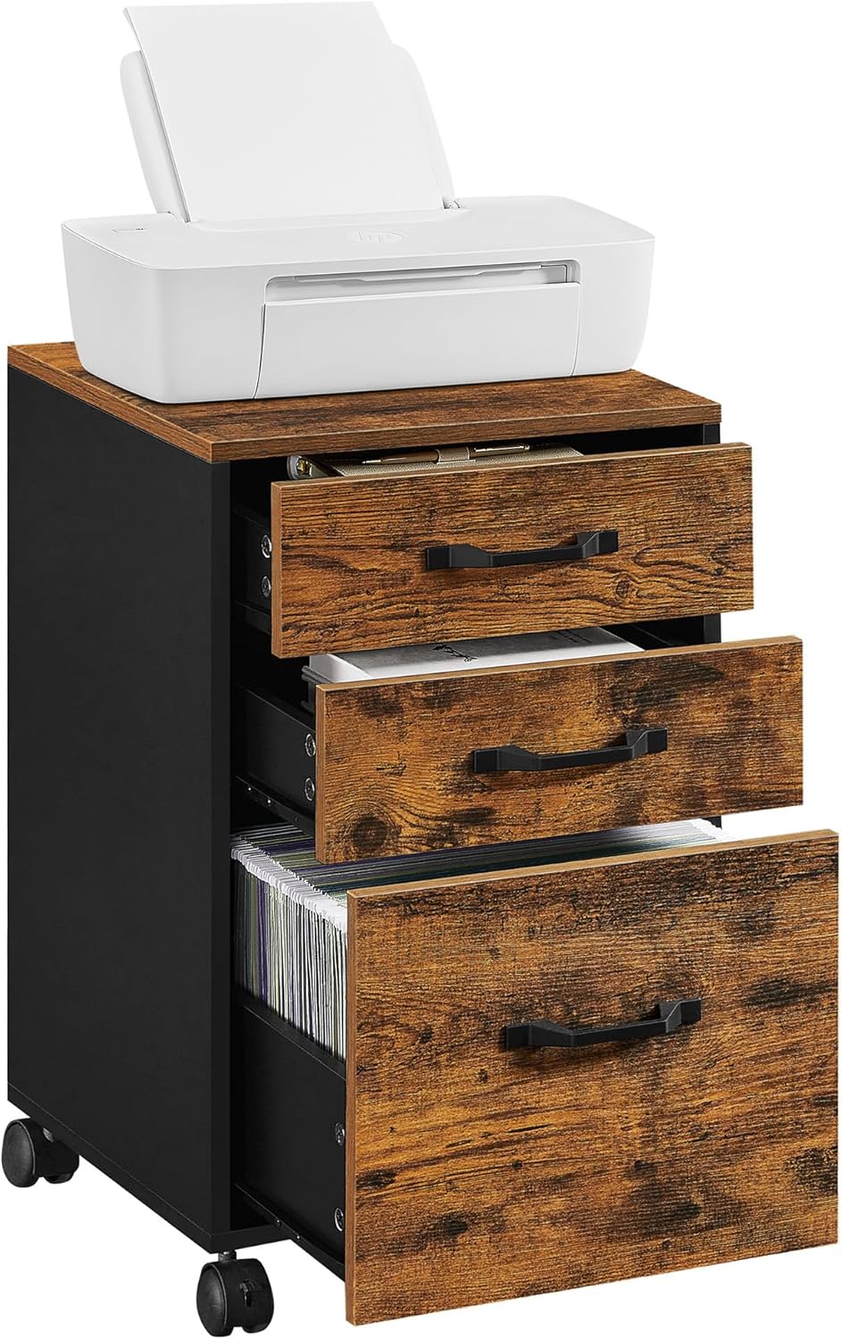VASAGLE File Cabinet, 3 Drawers Filing Cabinet for Home Office, with Wheels, for A4, Letter Sized Documents, Hanging File Folders, Rustic Brown and Ink Black UOFC065B01
