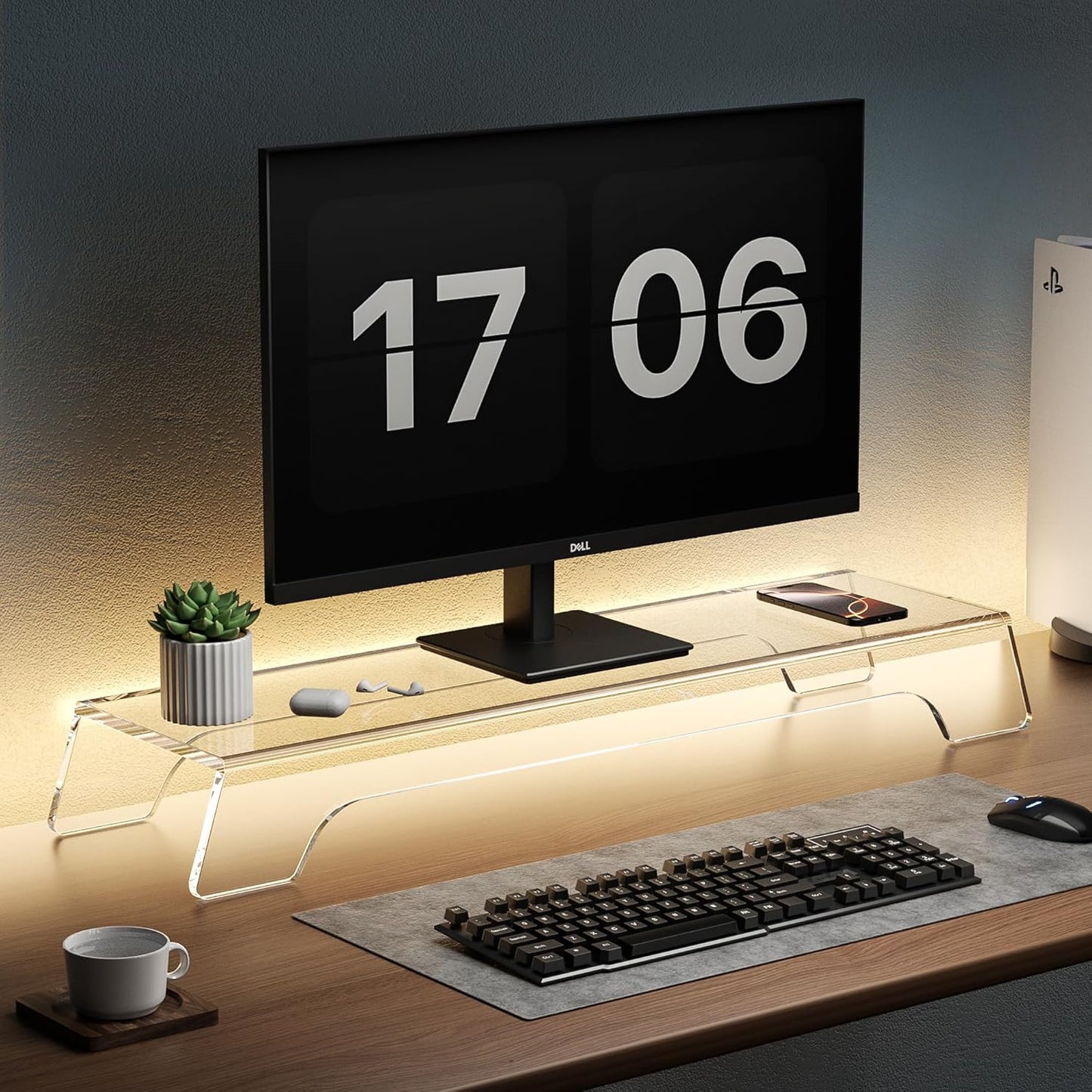 Clear Acrylic Dual Monitor Stand Riser,LED Light 31.5 Inch Computer Monitor Stand for 2 Monitors,Office Desktop Organizer for Laptop,PC,Computer,Printer