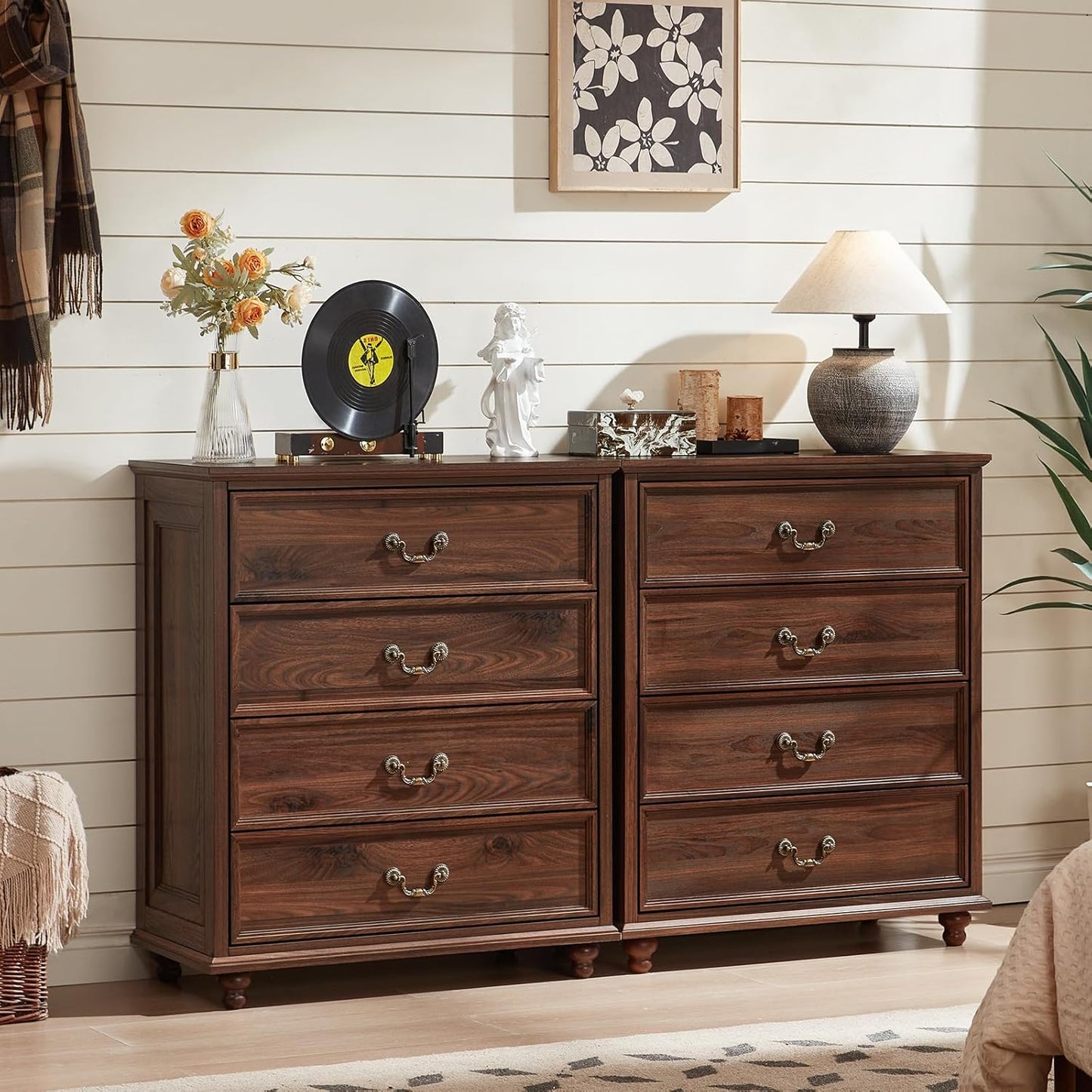 Farmhouse 4 Drawer Dresser for Bedroom, 37" Tall Rustic Chests of Drawers w/ 4 Solid Wood Feet, Mid Century Modern Wooden Closet Storage Dressers Organizer for Living Room, Hallway, Brown
