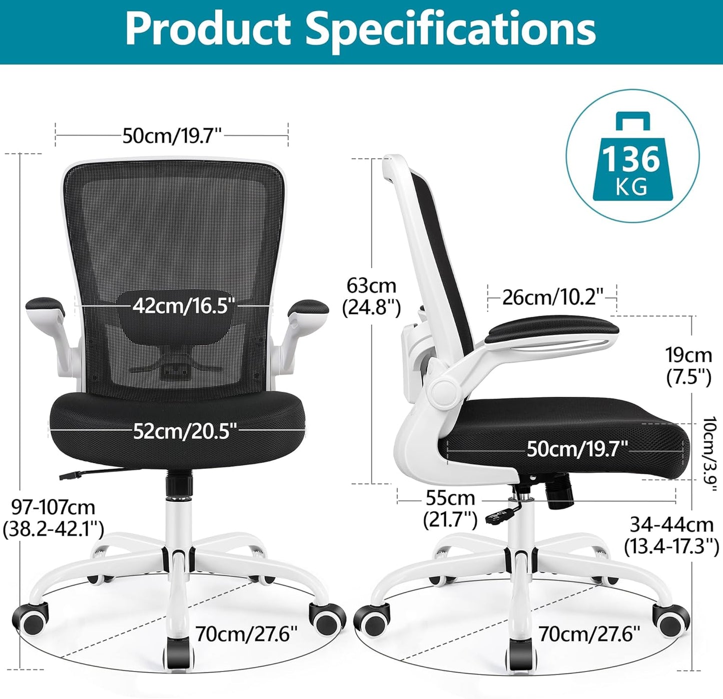 FelixKing Office Chair, Ergonomic Desk Chair Breathable Mesh Chairs with Adjustable High Back Lumbar Support Flip-up Armrests, Executive Swivel Comfy Task Computer Chairs for Home Office White