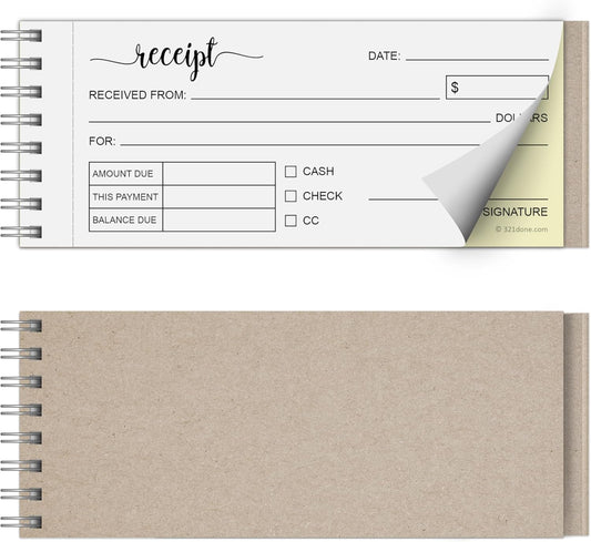 321Done Receipt Book, 2-Part Carbonless Spiral Bound 2.75x6 - Made in USA, 50 White/Yellow Pages, Receipt Book with Carbon Copies for Small Business