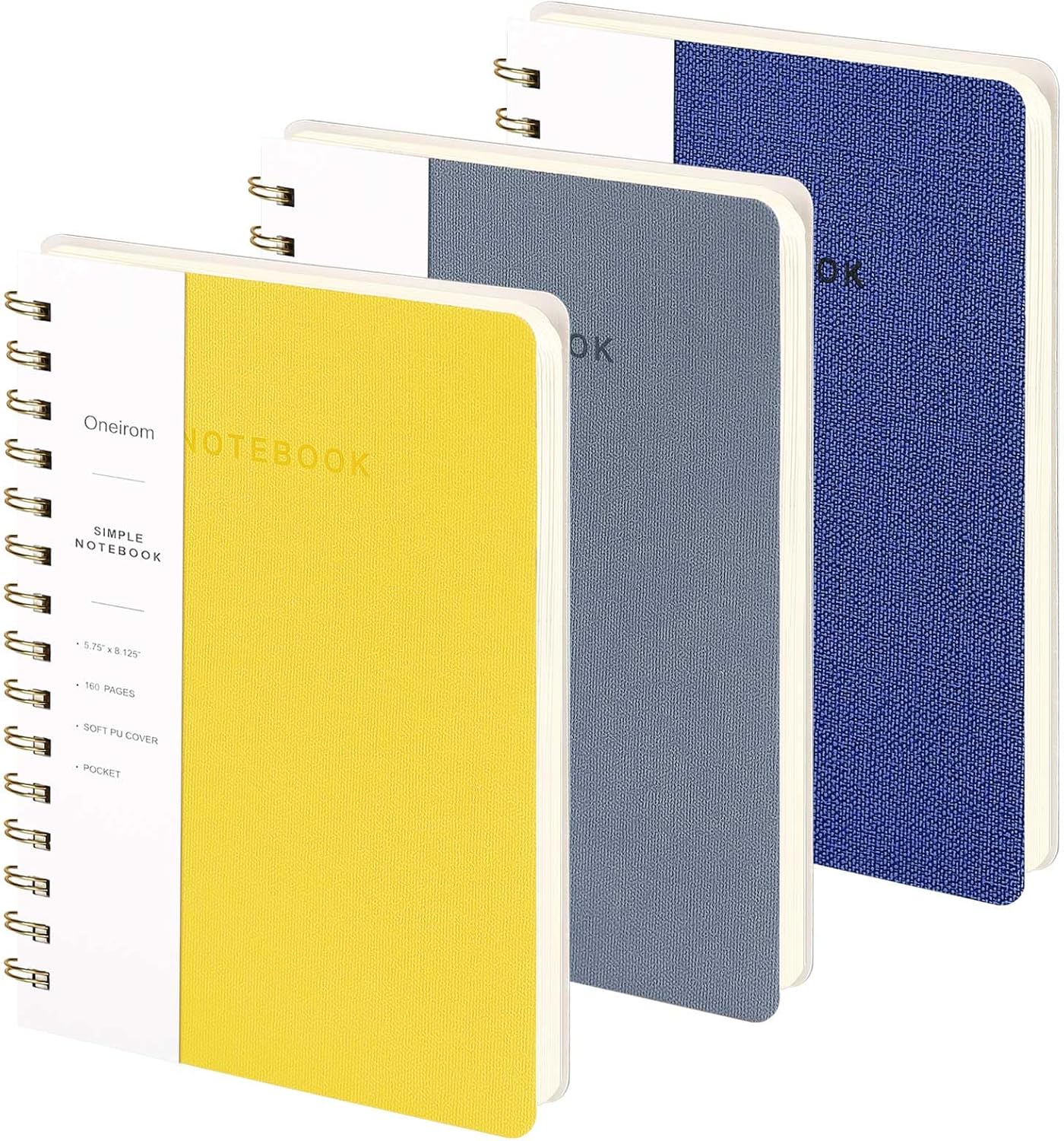 Spiral Notebook - Lined 160 Pages Journal with Back Pockets for College Journal, Twin-Wire Binding Notebook Perfect for Office & Home School Supplies, LightYellow Reefblue Navy Blue