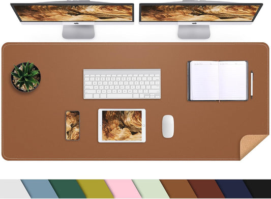 AFIING Leather Desk pad Protector, Large Non-Slip Office Desk Mat with Natural Cork & PU Leather, Waterproof Writing Mouse Pad for Office and Home (55in*17in,Brown)