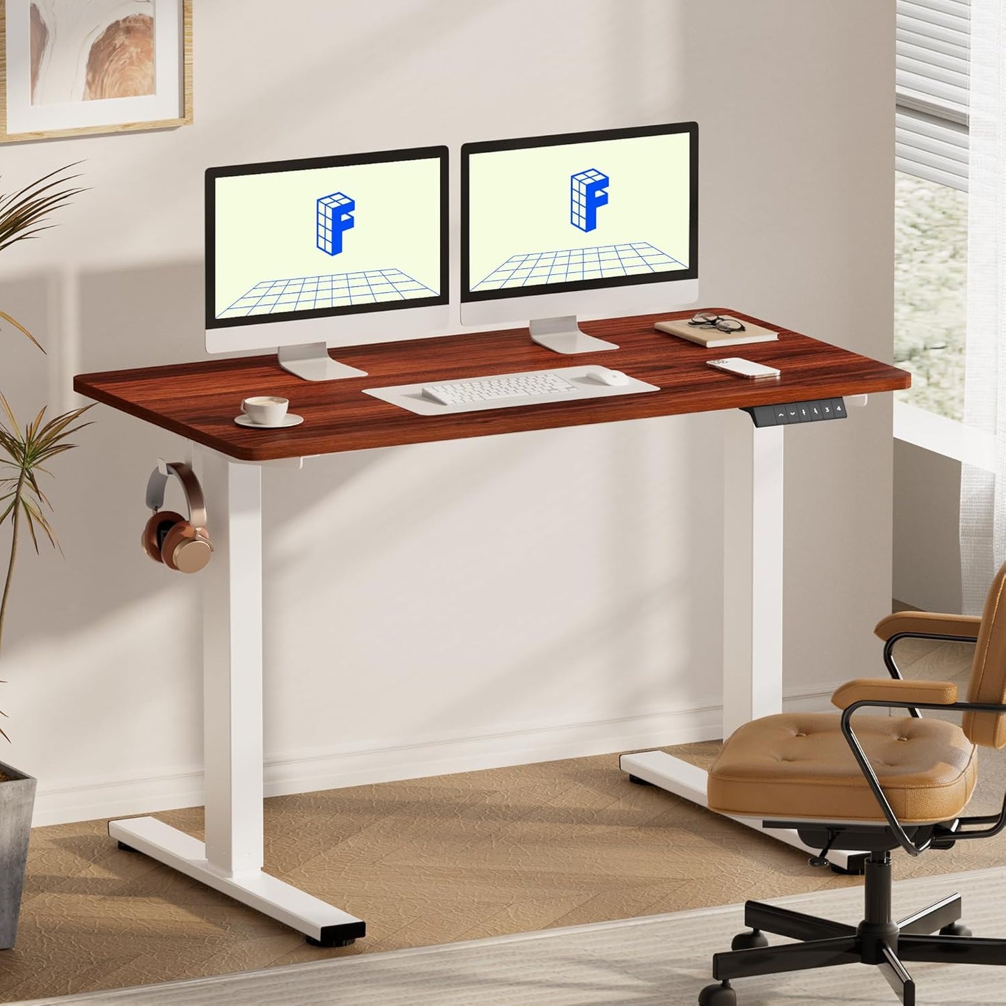 FLEXISPOT EN1 One-Piece Standing Desk, 55 x 28 Inches Electric Height Adjustable Desk for Home Office (White Frame + Mahogany Desktop, 2 Packages)