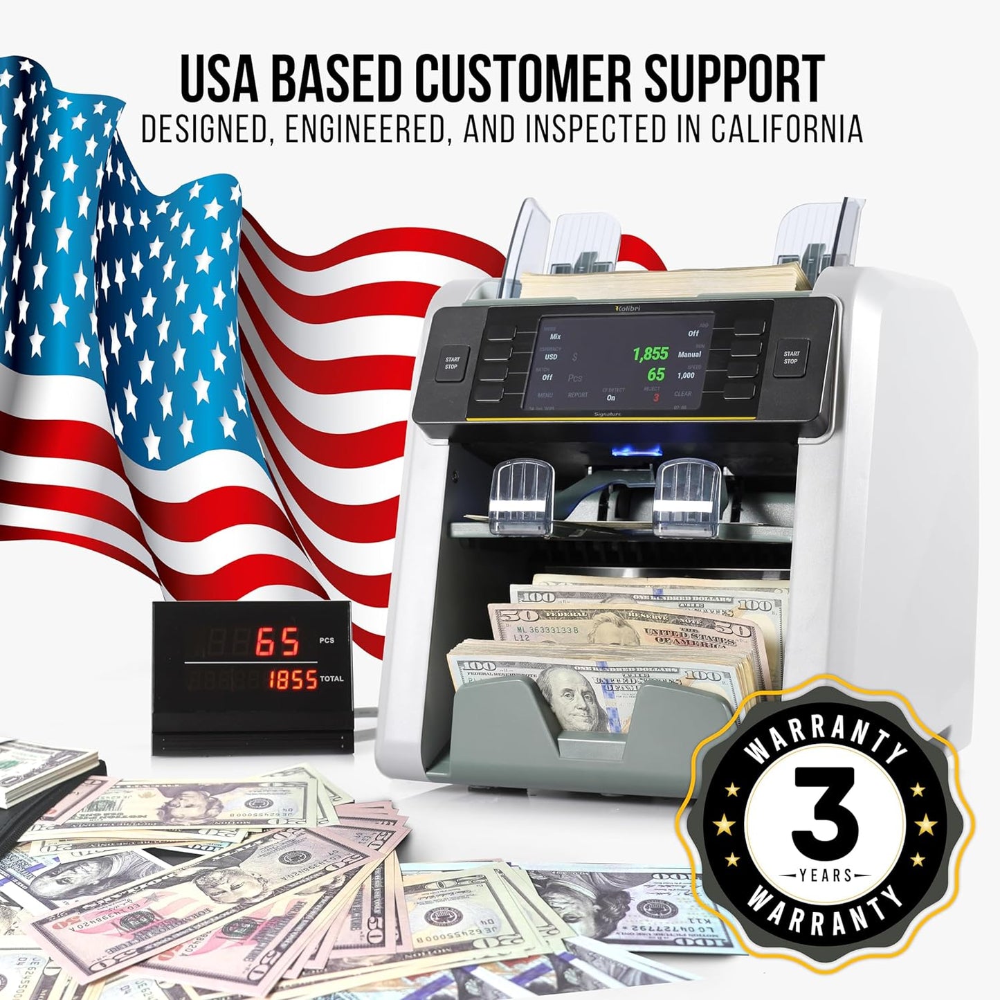 KOLIBRI Money Counter Machine, Signature Bank-Grade Mixed Denomination | 2-Pocket Cash Counter Machine, Currency Discriminator | 3-Year Manufacturer's Warranty | 2 CIS UV/MG IR/MT SN/DV IRT