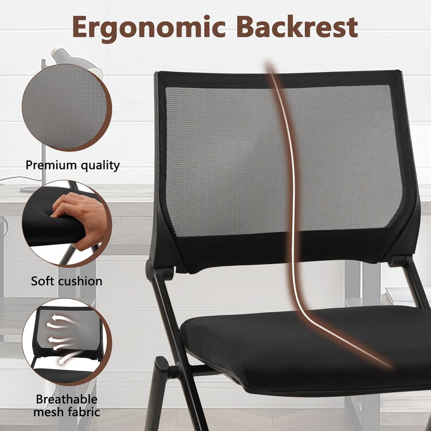 CLATINA Stackable & Foldable Conference Room Chairs, Waiting Room Chairs with Wheels & Lumbar Support, Ergonomic Mesh Bouncing Back Folding Chair for Office Meeting Schools Training, Black
