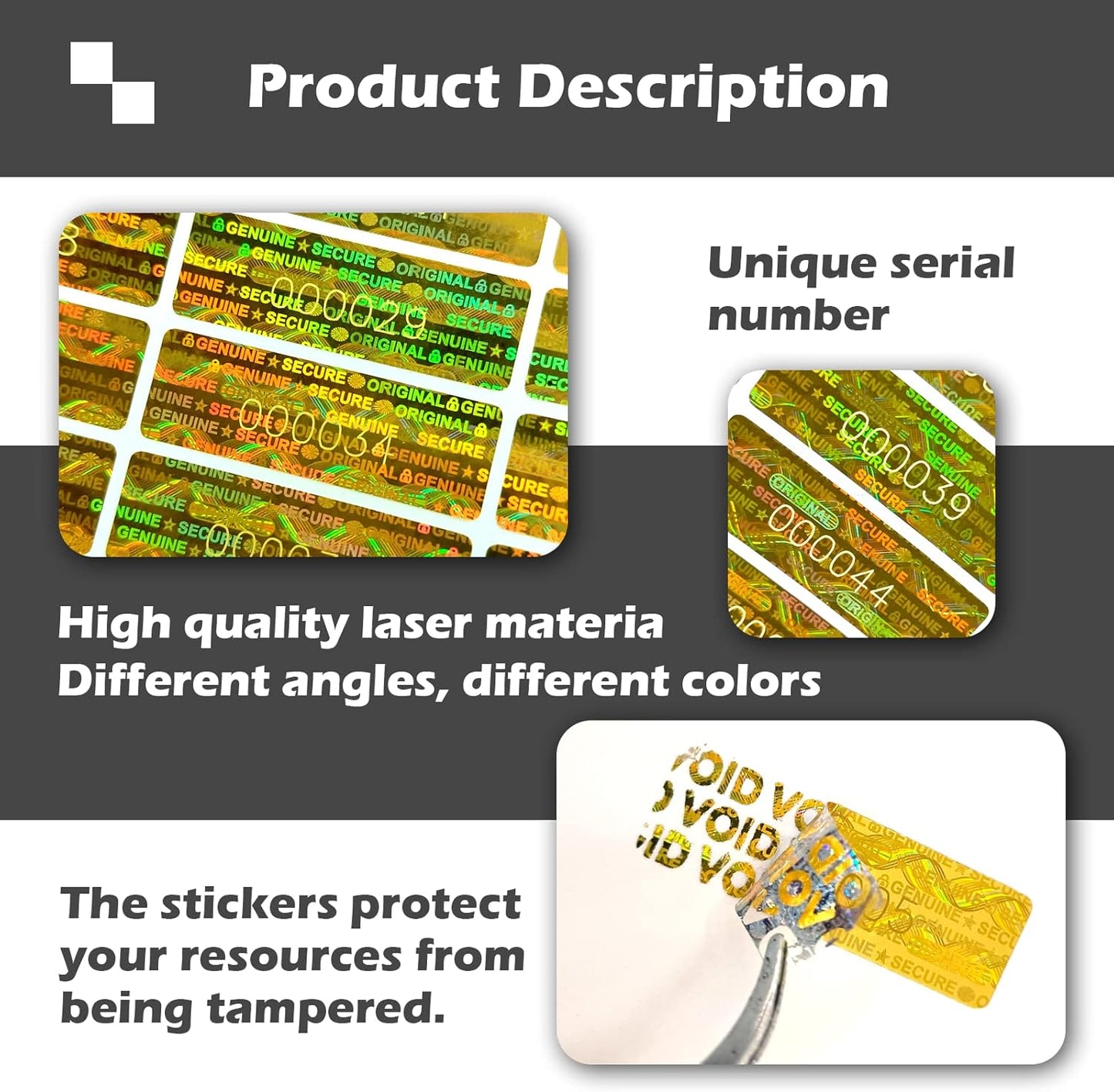 380pcs Hologram Tamper Proof Stickers Security Labels Genuine Warranty Void Seal Tamper evident Original Sticker with Unique Serial Number (1.2x0.4inch,Gold)