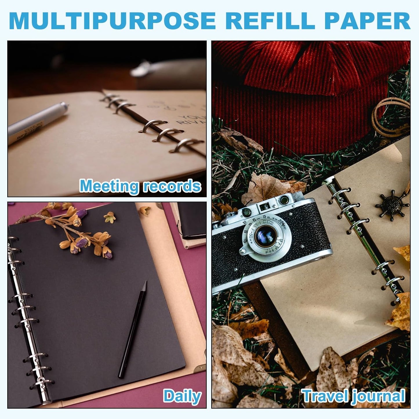 PATIKIL B5 Refill Paper, Unlined Blank Kraft Paper Refillable 9 Hole Filler Inserts Loose Leaf Paper for 9 Ring Binder, 80 Sheets/160 Pages, Black
