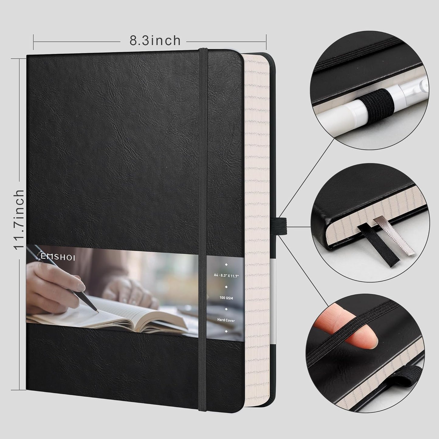 EMSHOI Graph Paper Notebook, 8.5" x 11" Hardcover Leather Journal for Women Men, 192 Pages 100 GSM Grid Paper A4 Large Journals for Writing, Graph Notebook for Work, Graphing, Engineering, Black