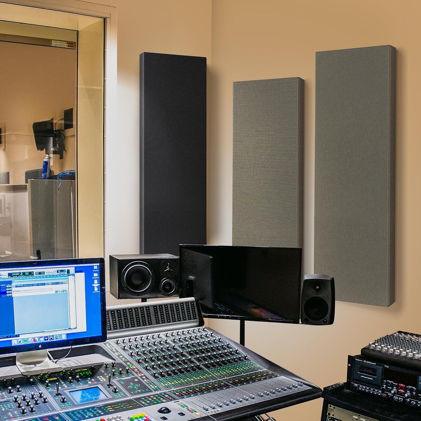 2” Thick Acoustic Panels with Hanging Brackets to the Wall, 2 PCS 47.2” x 11.8” Fiberglass Sound Absorbing Panels for Home Theater Church Office Wall or Ceiling, Deep Black