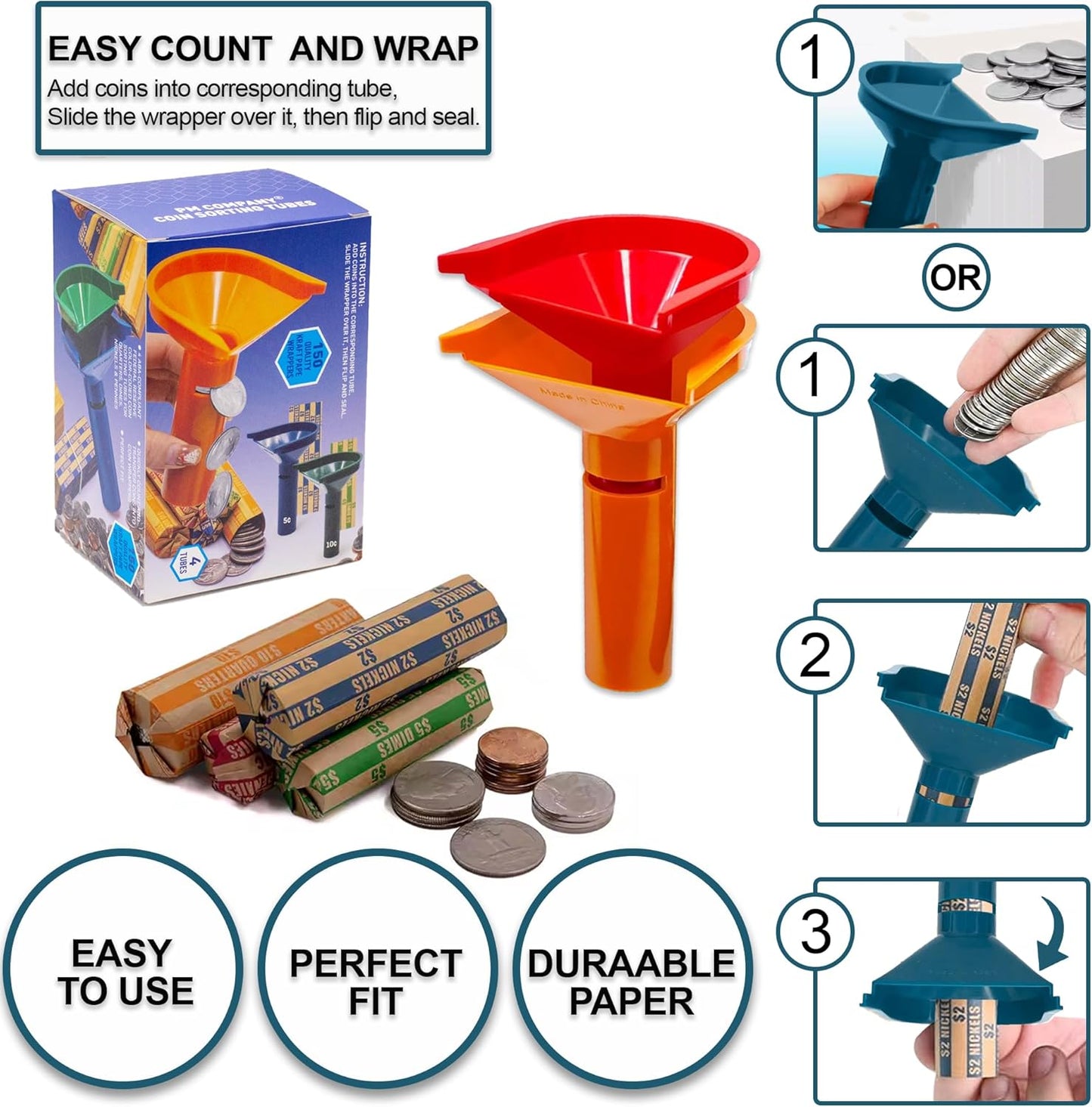 PM Company Color-Coded Coin Counting Tube with 150 Assorted Flat Coin Wrappers for Pennies Through Quarters (05032), Blue; Green;Orange;red, Set of 4