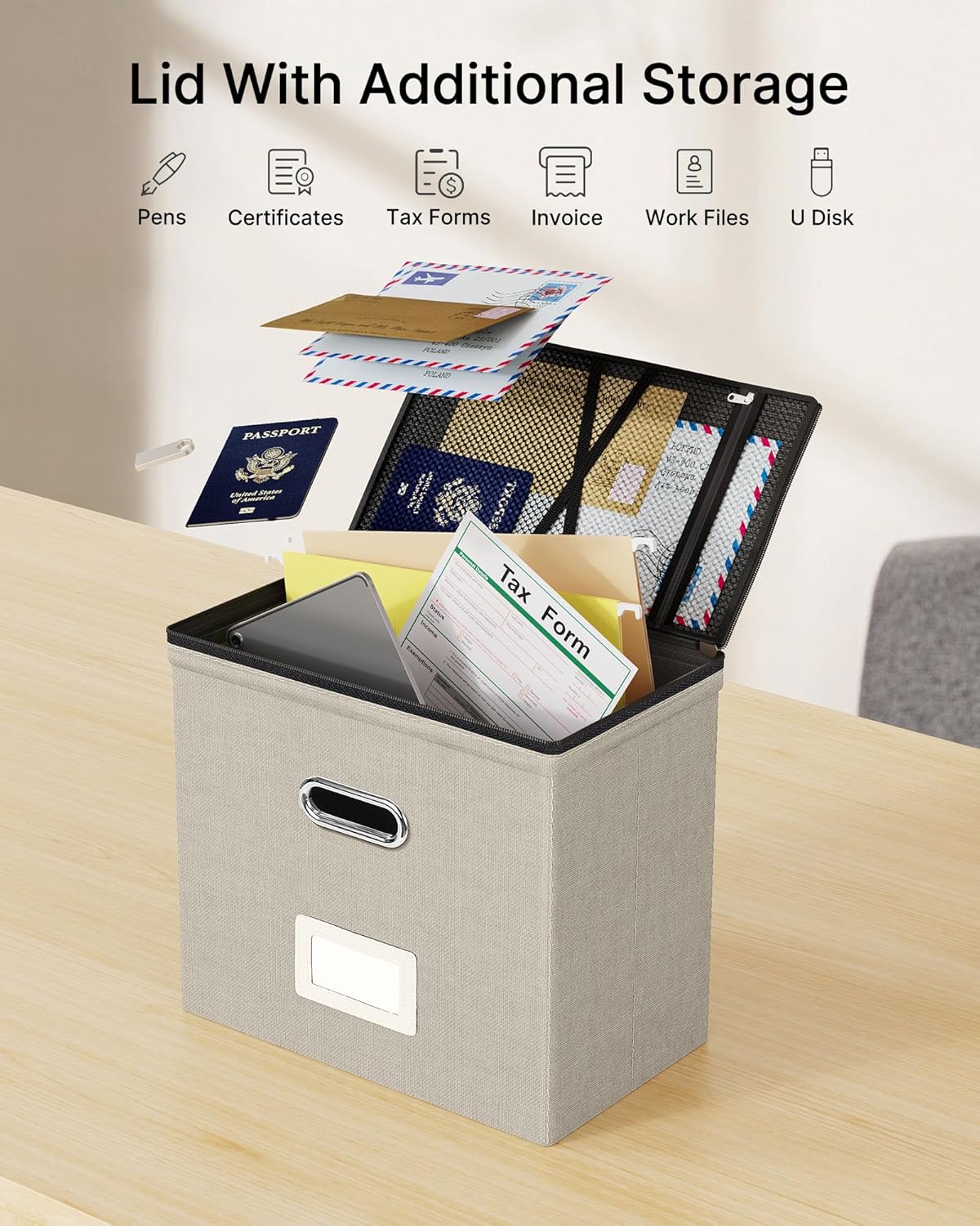 Oterri File Organizer Boxes with Lids, File Box with Mesh Pockets, Document Organizer Box for Letter Size Folders, Zippers Important Document Organizer (Beige, Small-2 Pack Without Folders)