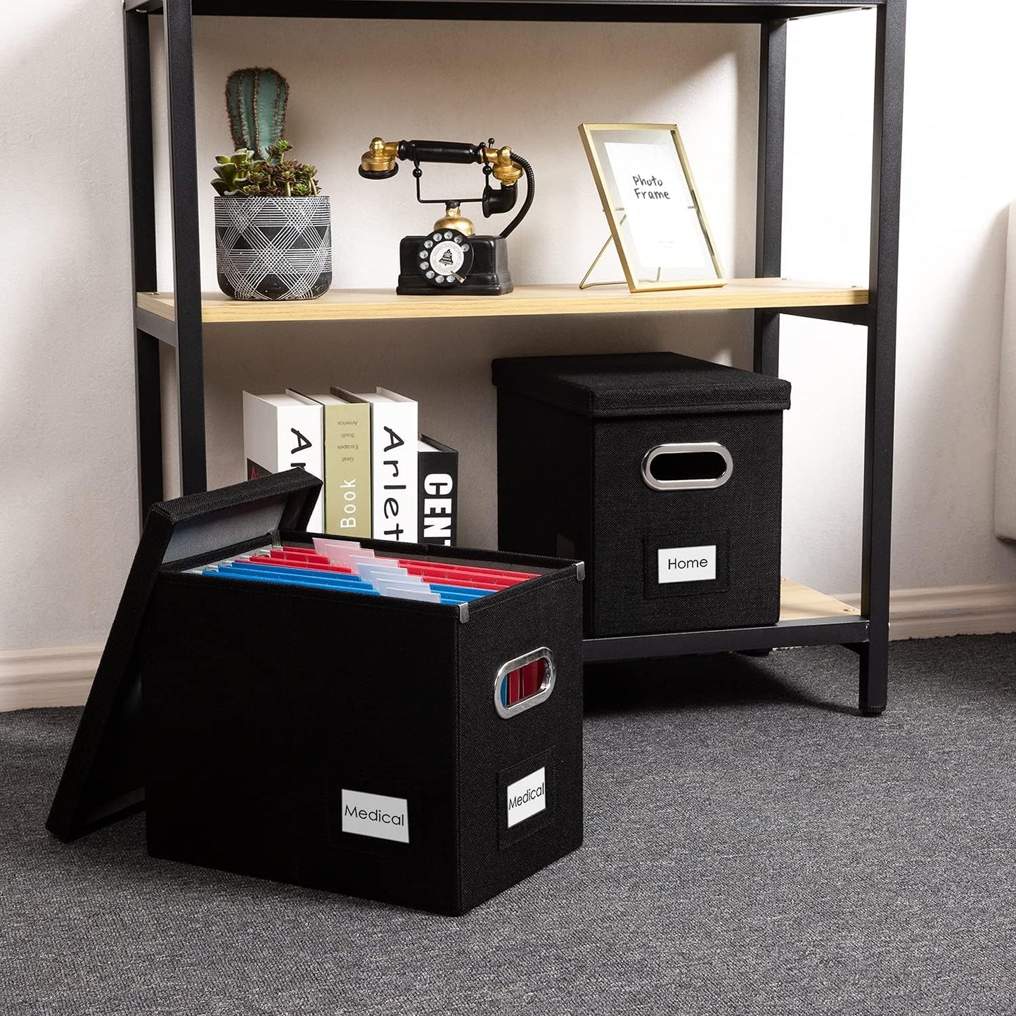 PRANDOM File Organizer Box - Set of 2 Collapsible Decorative Linen Filing Storage Hanging File Folders with Lids Office Cabinet Letter Size Black (14x9.3x10.8 inch)
