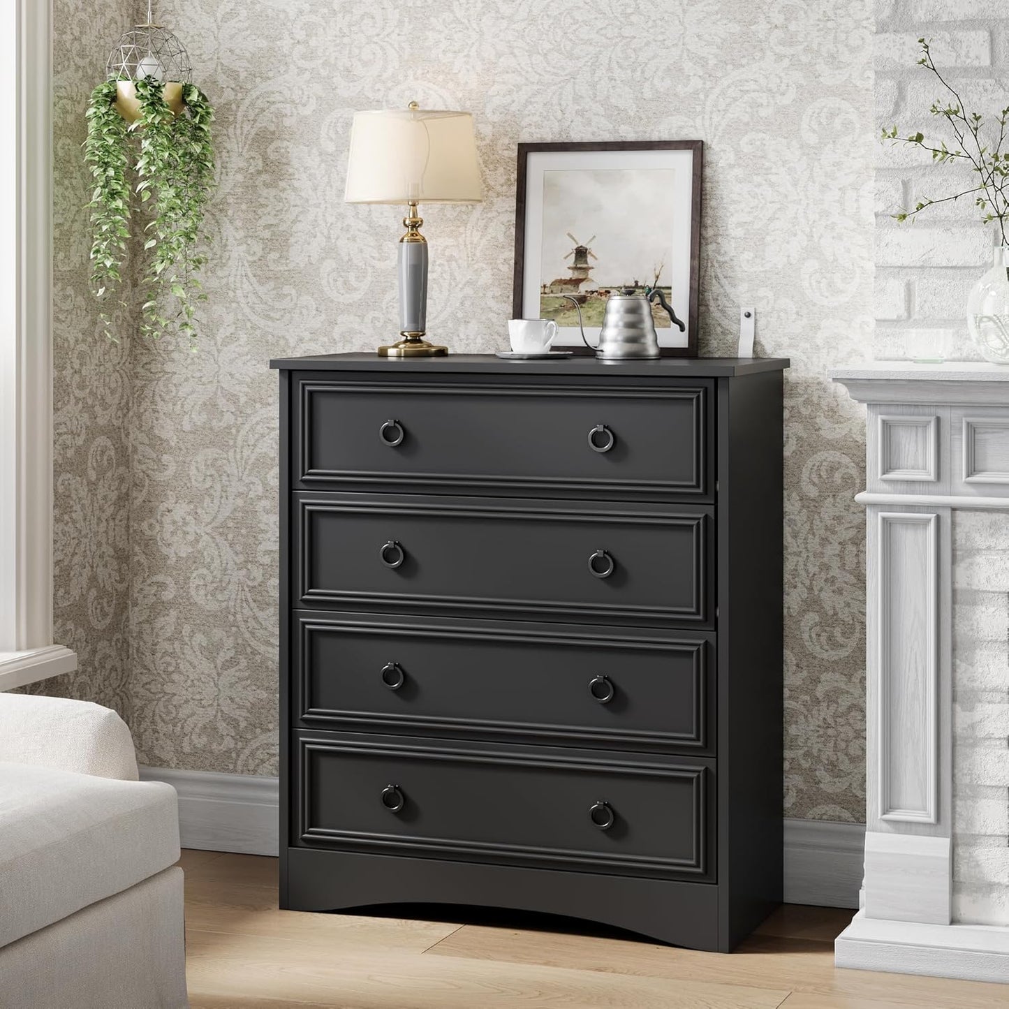 LGHM Modern 4 Drawer Dresser, Tall Dressers for Bedroom, Chest of Drawers Closet Organizers and Storage for Clothes - Easy Pull Handle, Textured Borders Drawers for Living Room, Hallway, Black