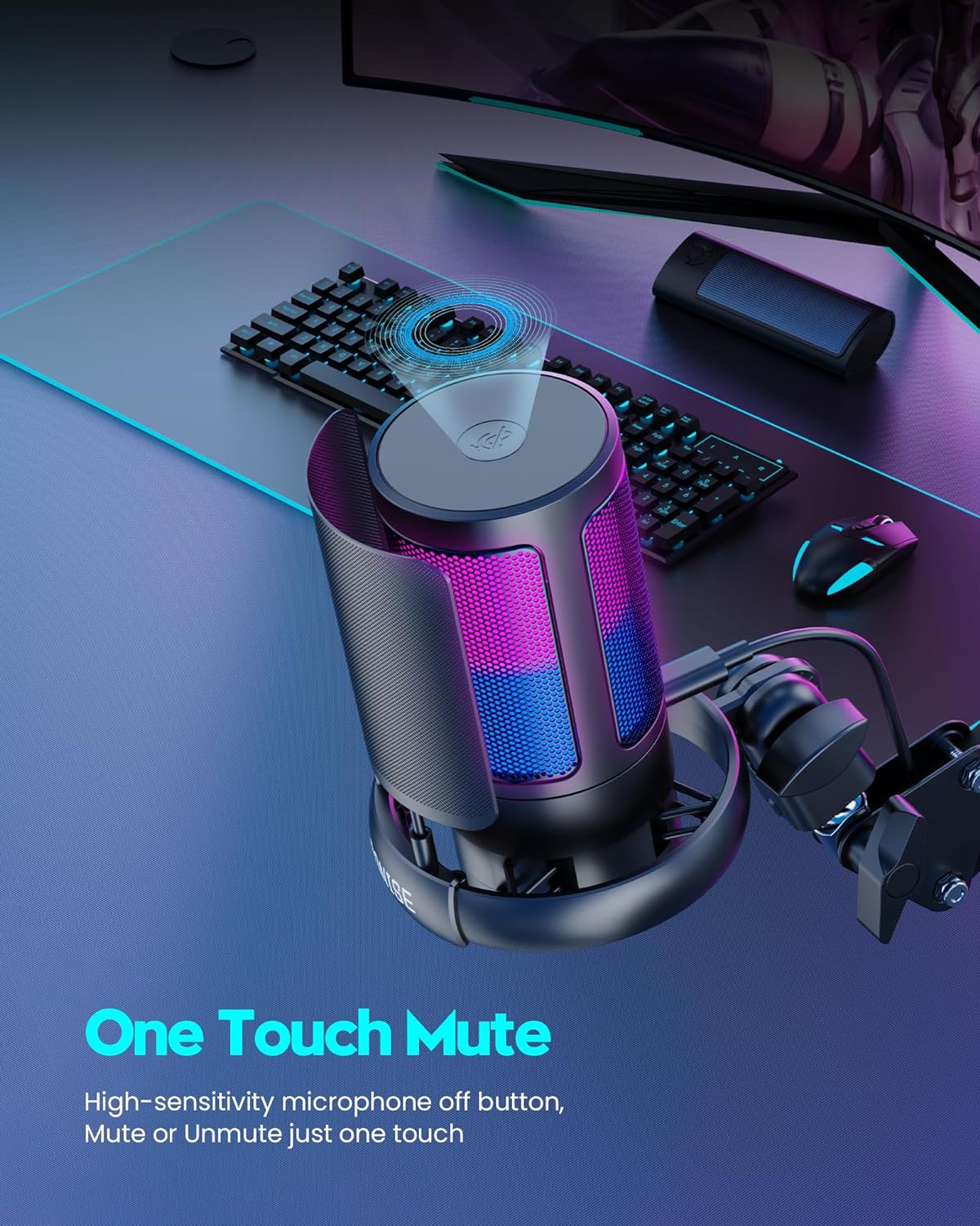 Gaming Microphone, USB PC Mic for Podcasts Videos, Streaming, Condenser Mic with Quick Mute, Tripod Stand, Pop Filter, RGB Indicator, Shock Mount, Rotate gain button, Compatible with PS4/5/PC