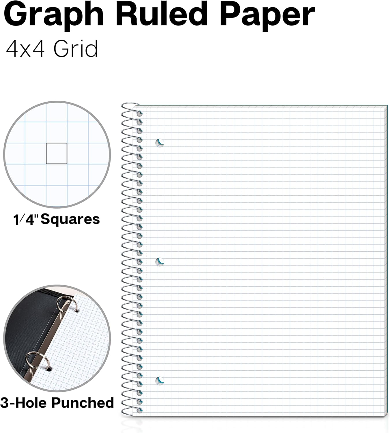 Dunwell Graph Paper Notebook 8.5 x 11 (Blue) Plastic Cover, 100 Sheets (200 Pages), 4x4 Squares, 1 Subject Graph Paper Spiral Notebook, 1/4" Grid, Pocket Divider, Easy Tear-Off, 3-Hole Punched