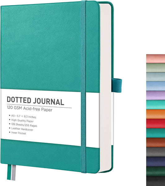 RETTACY Bullet Dotted Journal Notebook, 256 Pages, A5 Medium Size (5.7'' × 8.3''), Leather Hardcover, 120 GSM Thick Paper, for Bullet Journaling, Planning, Tracking (Cyan)