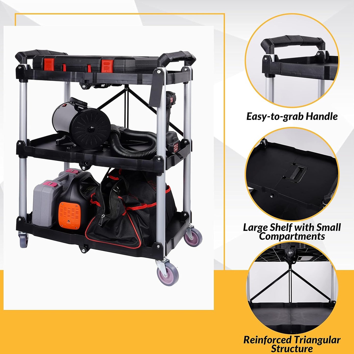 Folding Utility Cart, Portable Collapsible Service, 3 Shelf Heavy Duty Collapsible Tool with Wheels, Suitable for Office Warehouse Home, Black