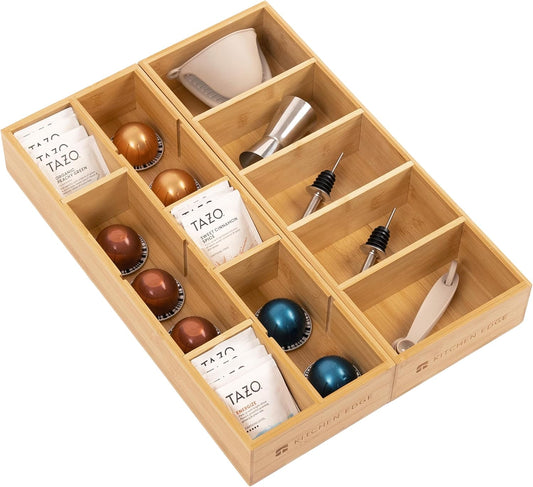 Premium Utensils and Tea Bag Drawer Organizers – 14-Compartment Design with Removable Dividers, Non-Slip Feet, 100% Sustainable Bamboo, 2 Pack
