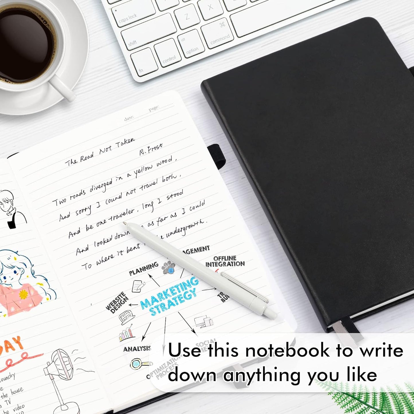 feela 8 Pack Journal Notebook Bulk for School, Hardcover Business Notebooks Classic Ruled Lined Journals with Pen Holder for Work Note Taking, with 8 Black Pens, 120 GSM, 5.1”x8.3”, A5, Black