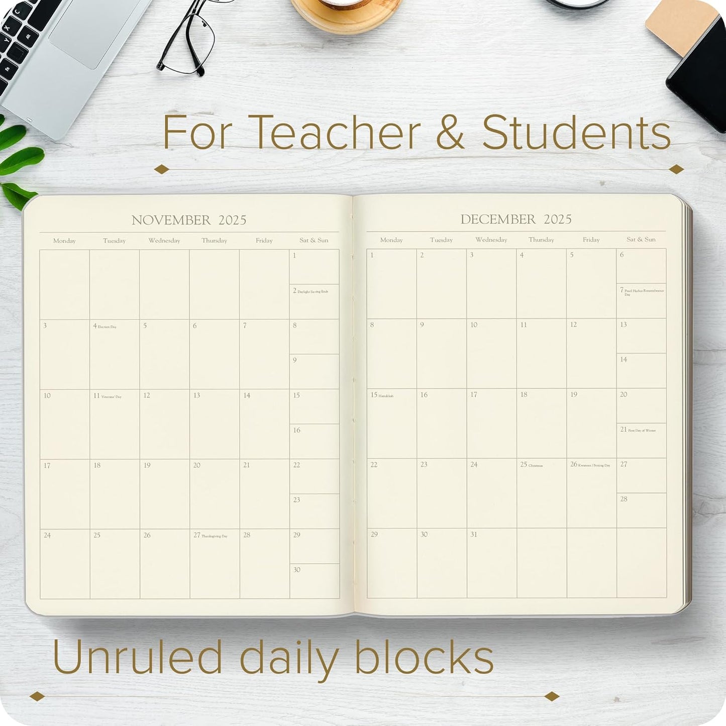 Gallery Leather Academic Planner 2025, Teacher and Student Weekly Monthly Planner, Elegantly Bound Calendar with Gold-Gilded Page Edges, 18 Months - Acadia Hope - 9 x 7 "