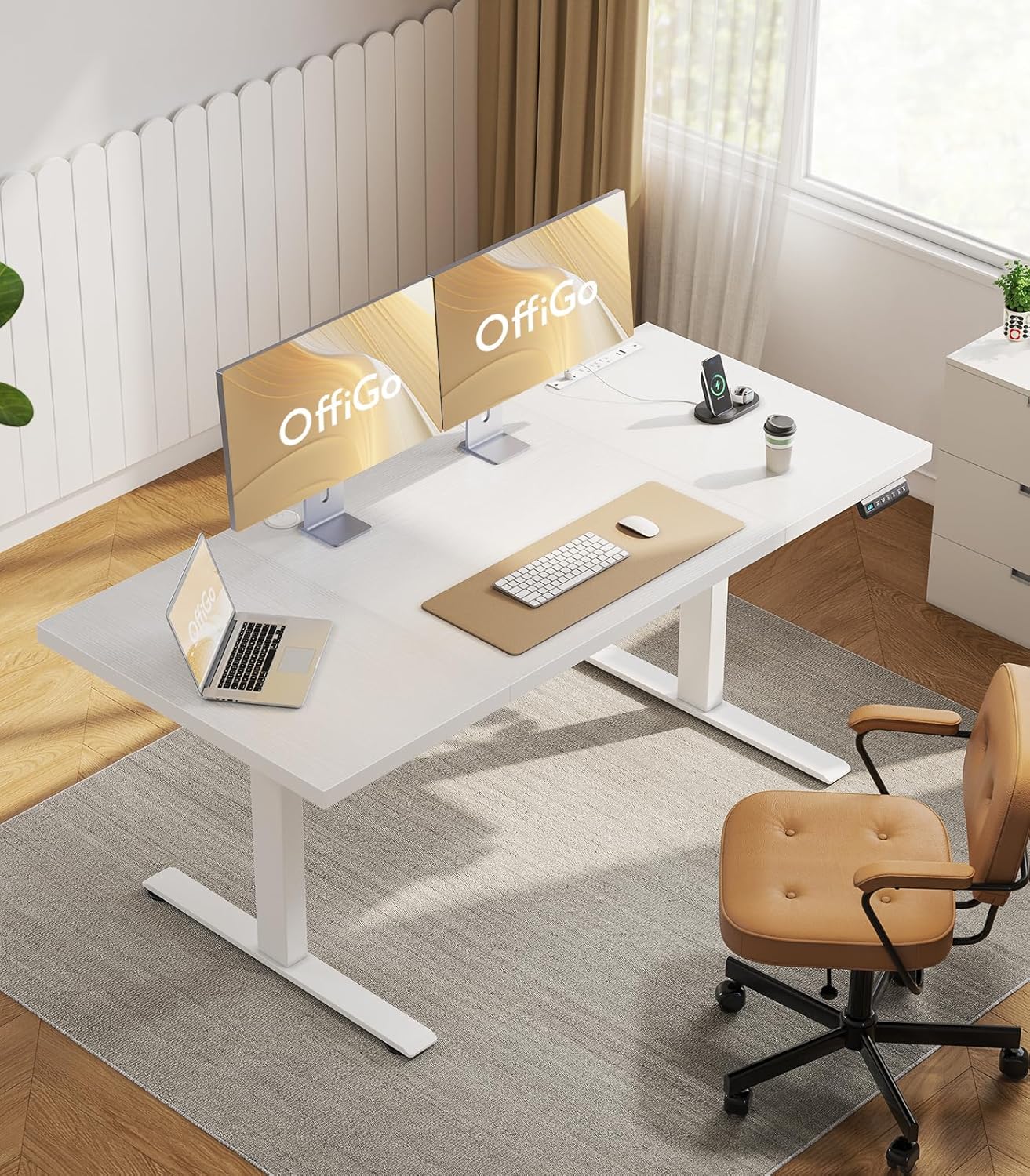 OffiGo Electric Standing Desk with 3-Piece Board, 71 Inch Height Adjustable Large Table with Power Outlets, Sit Stand Table, Writing Computer Desk for Home, Office, Workstation, White