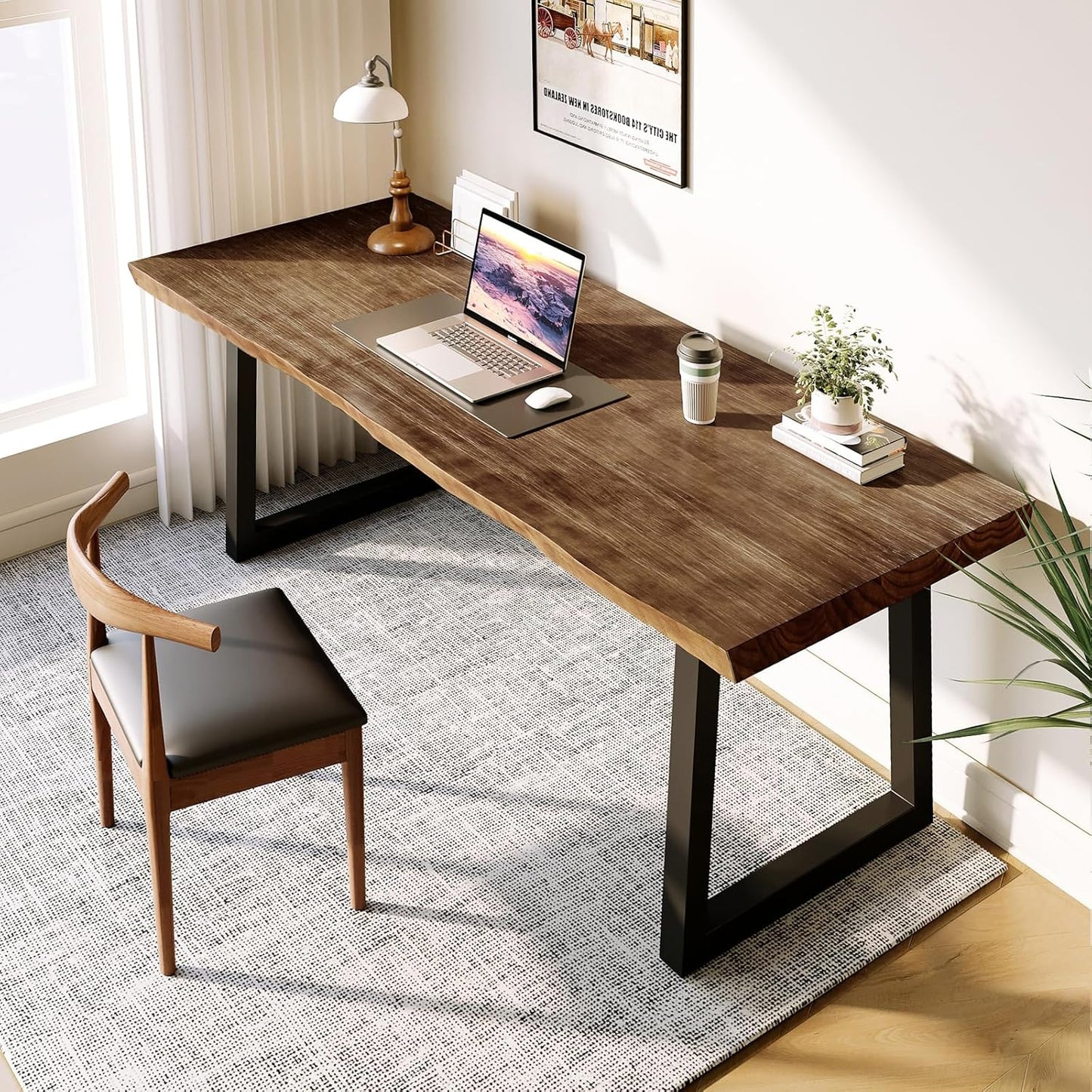 Solid Wood Desk 55 inches, Home Office Computer Desk Wooden Rustic Writing Desk Metal Modern Simple Design Executive Real Wood Desk (Brown)