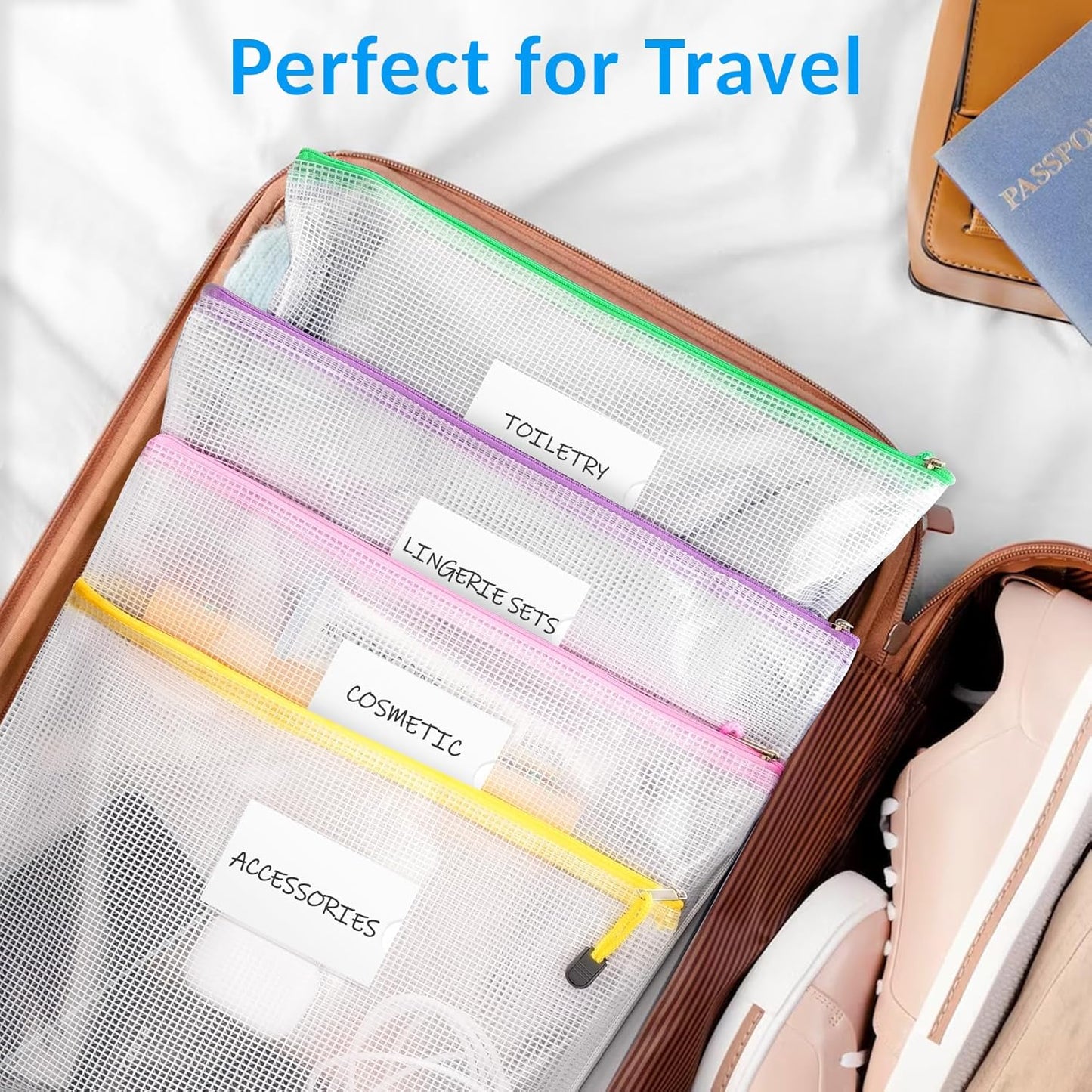 Sooez 20 Pack Mesh Zipper Pouch Bags, A4 Letter Size, Zipper Bags with Label Pocket, Waterproof Pouches for Classroom Organization, Board Game Storage, Document Bag for Teacher School Office Supplies