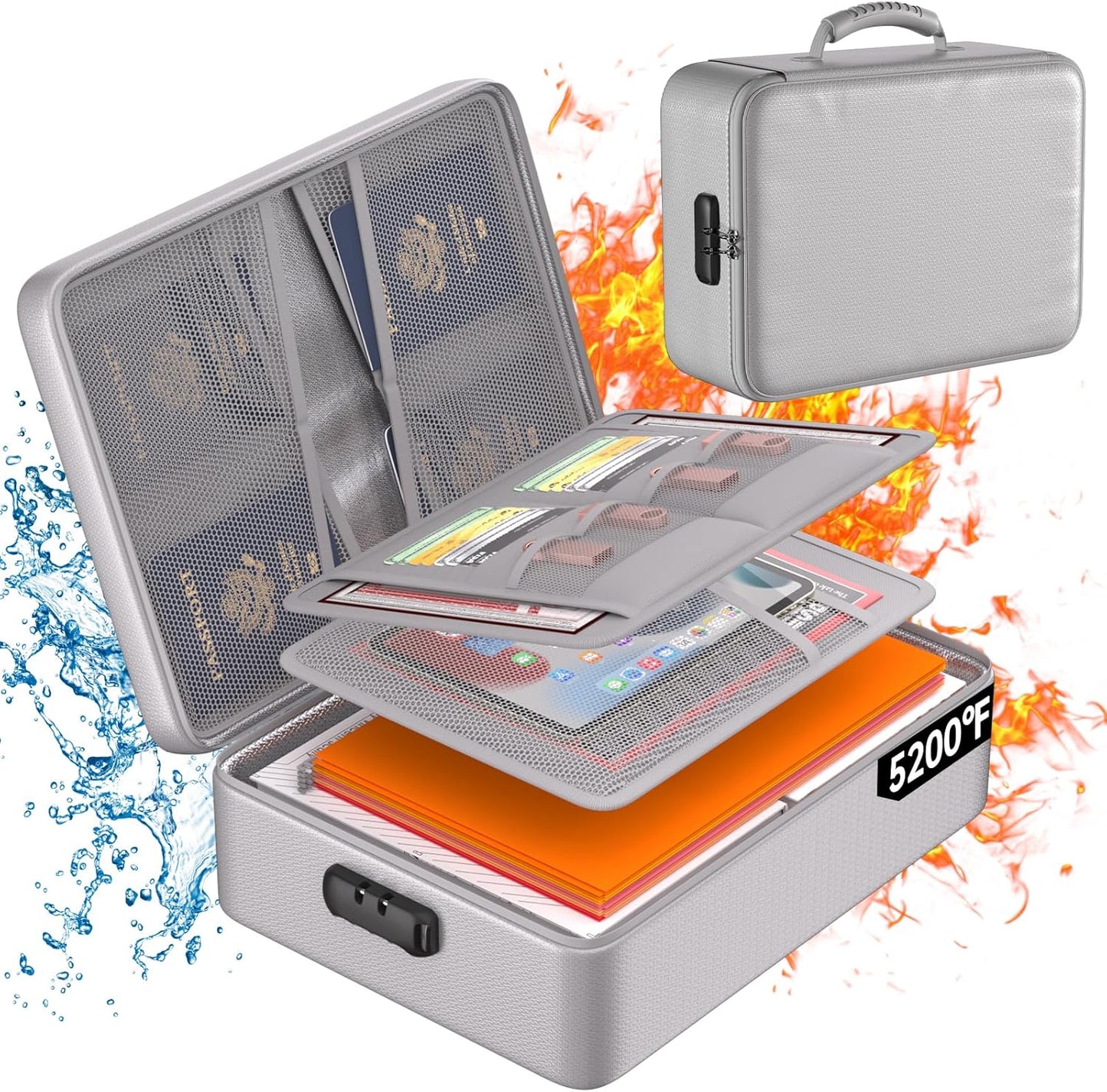 DocSafe 5200°F Document Organizer with Lock,Upgraded Heat Insulated Fireproof＆Waterproof Box 8 Layers File Organizer,Portable Home Travel Safe Storage for Important Documents, Files,Silver (Soft)