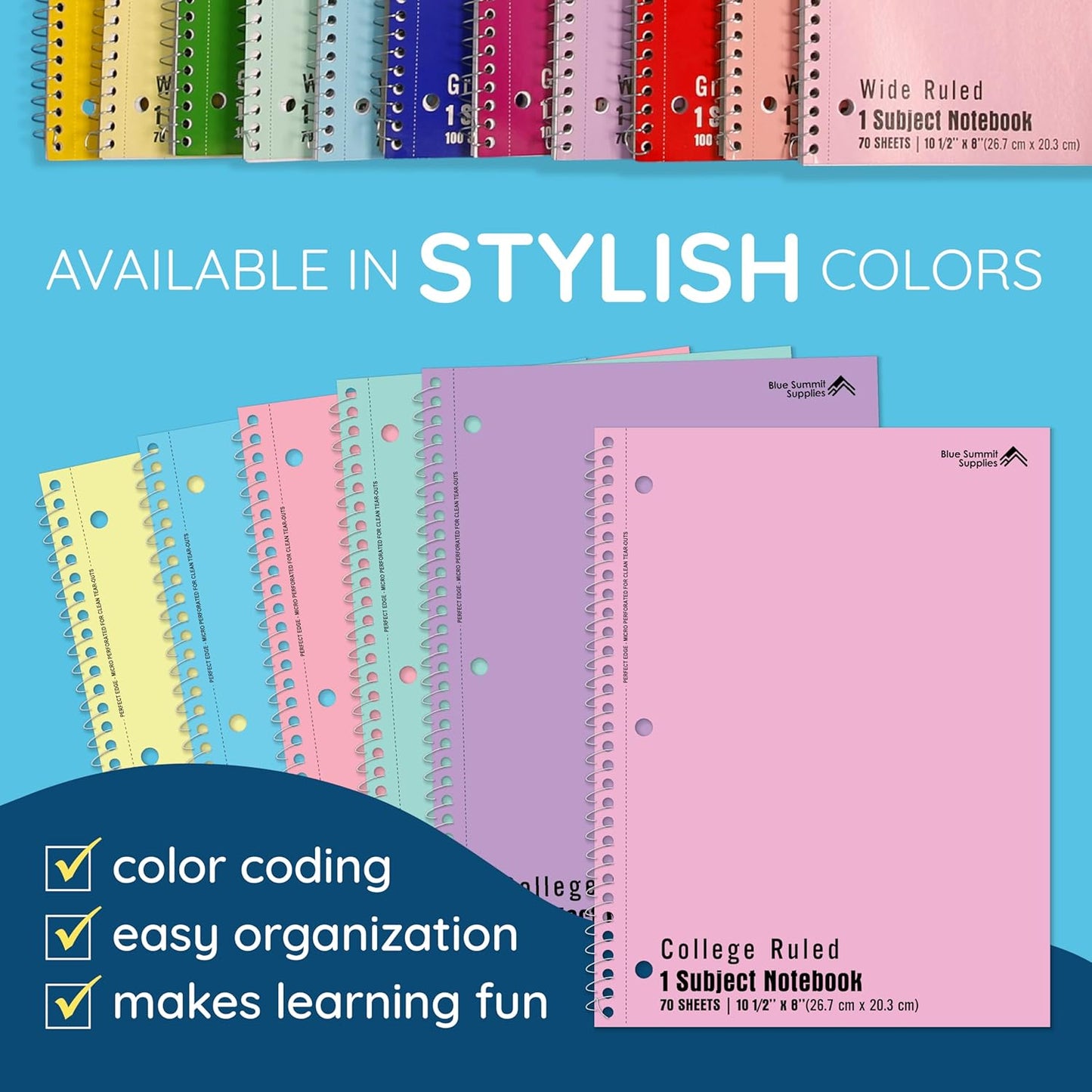 Blue Summit Pastel Spiral Notebook College Ruled, One Subject School Notebooks Spiral, Perforated Notebooks Bulk, 8 x 10.5 School Book, Paper, College Ruled, 6 Pack