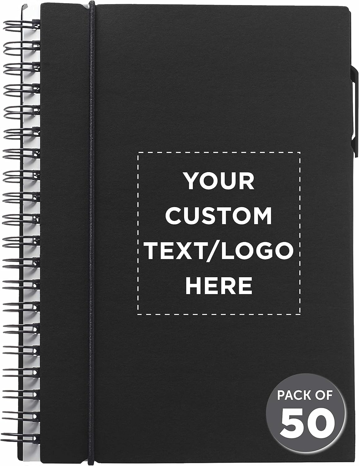 DISCOUNT PROMOS Custom Spiral Notebooks with Elastic Closure Set of 50, Personalized Bulk Pack - Perfect for School, Office, Business and More - Black