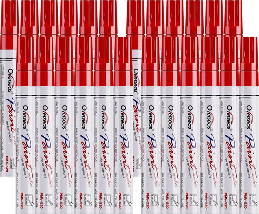 Overseas Red Paint Pens Permanent Markers 24 Pcs, Oil Based Paint Markers Set, Quick Drying, Waterproof, Medium Tip Marker Pens for Metal, Rock, Wood, Plastic, Canvas, Glass, Stone, Rubber, Paper