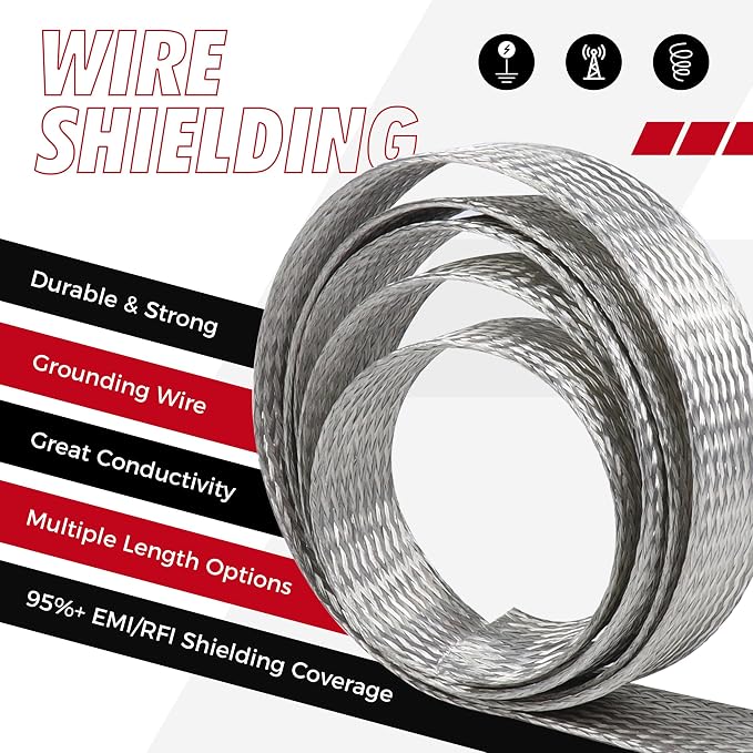1/2" Wide Tinned Copper Braided Metal Wire Shielding Sleeve Ground Strap - Image 6