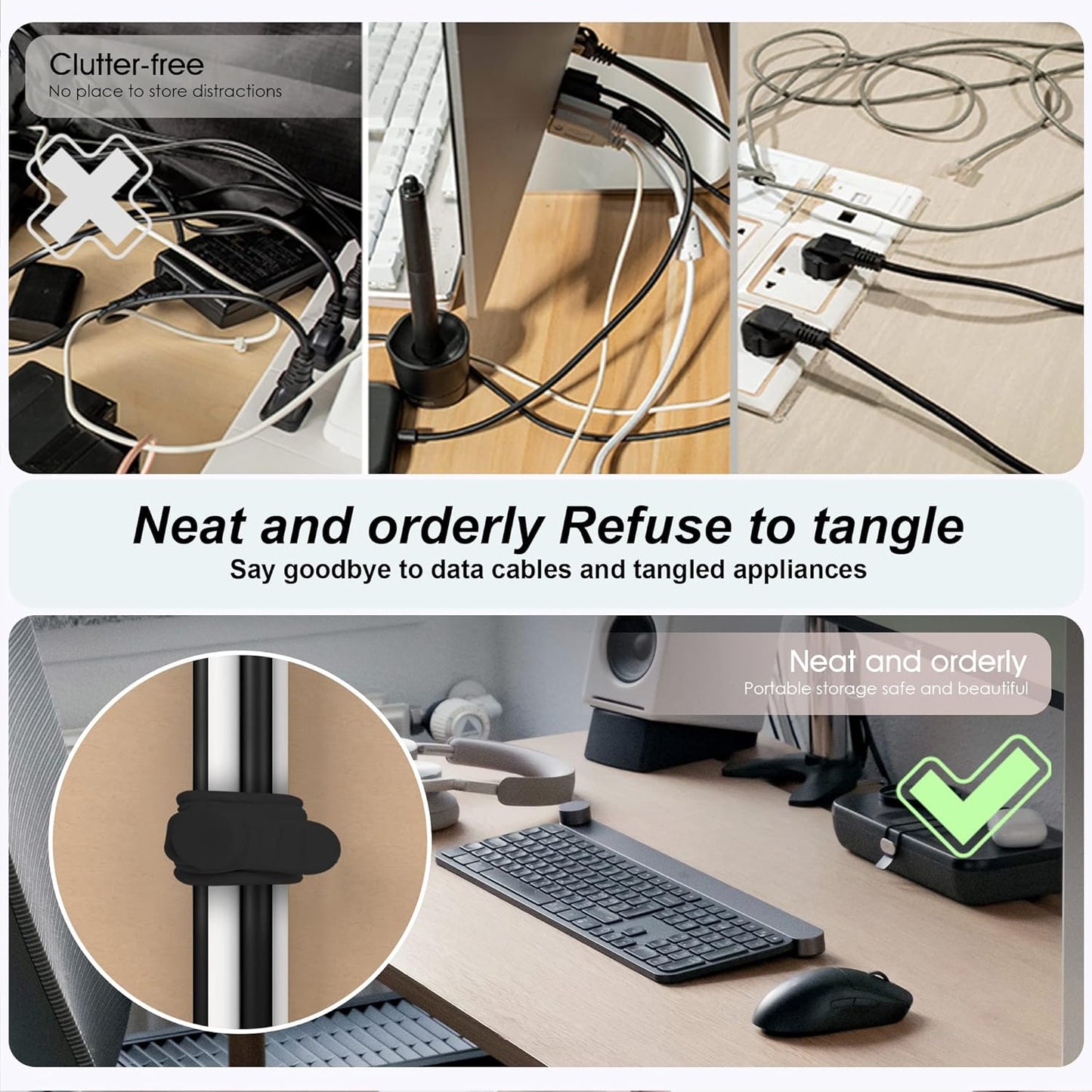 Nearockle Silicone Cable Ties Cord Organizer for Cable Management, 16PCS 4.2" and 7.1" Reusable Cable Organizer Electronic Accessories for Home, Office, Kitchen, School, Travel (Black)