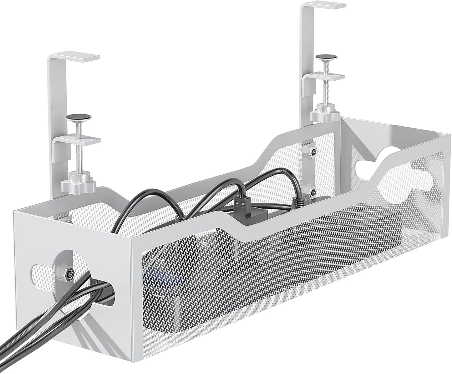 Under Desk Cable Management Tray 15.95", Quszmd Cable Organizer No Drill, Standing Cord Organizer and Wire Management Tray - No Damage to Desk, White