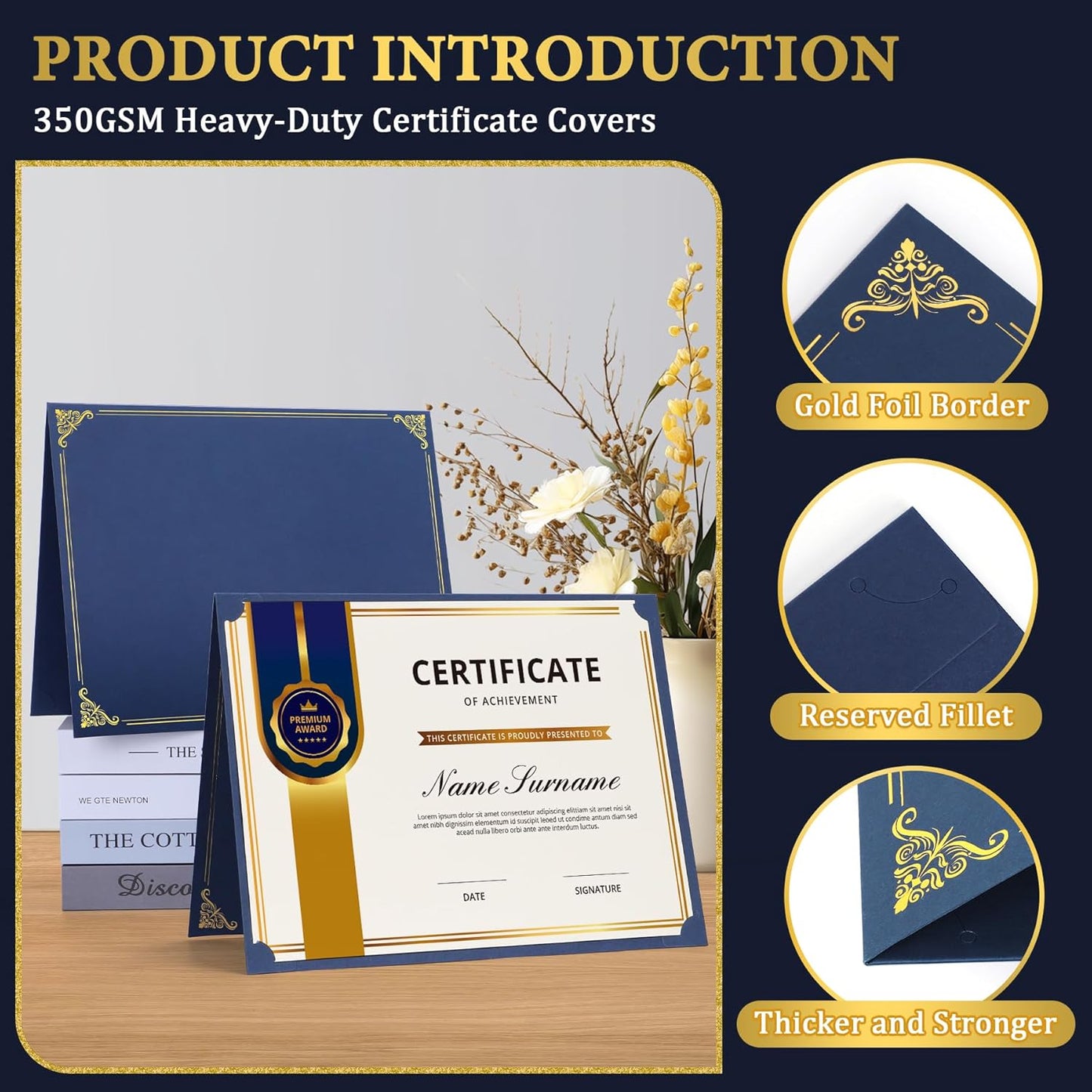 Ndsox 120 Packs Navy Blue Certificate Holders, Graduation Diploma Holders, 350GSM, Diploma Covers with Gold Foil Border for Letter Size 8.5" x 11" Award Certificate Paper, Cardstocks and Documents