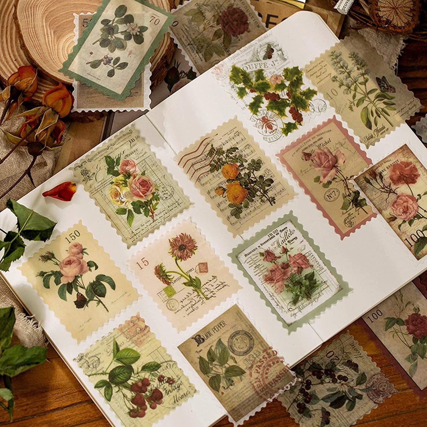 60pcs Vintage Postage Stamp Stickers, Aesthetic Botanical Deco Paper Sticker for Scrapbooking, Journaling Supplies, Planners, Kid DIY Art Crafts, Bullet Journal Ephemera