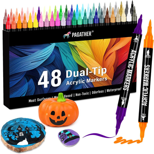 48 Colors Acrylic Paint Markers, Dual Tip with Fine Tip and Brush Tip Pens for Stone, Wood, Calligraphy, Canvas, Ceramic, Metal, Glass, Rock Painting, DIY Crafts